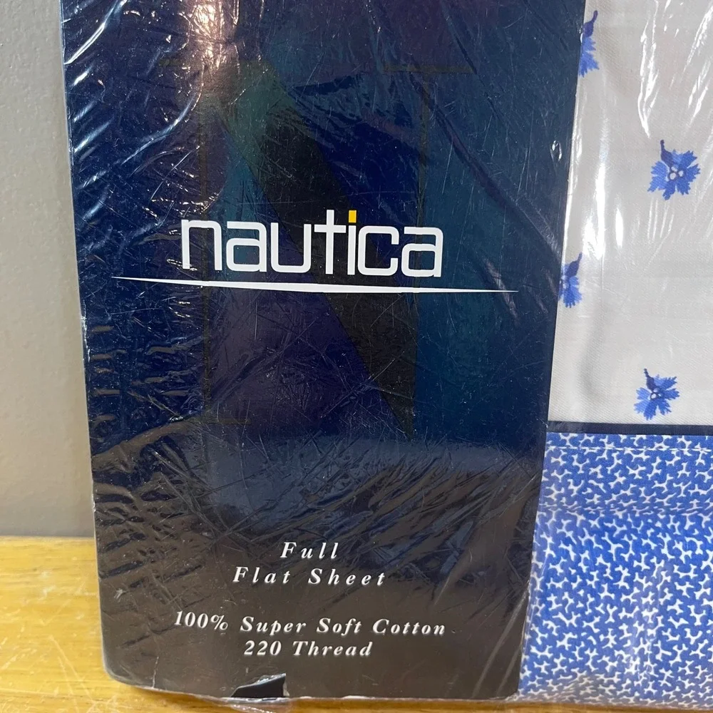 Nautica Flat Sheet Full White Blue St. Barts Floral 100% Cotton 220TC Vtg